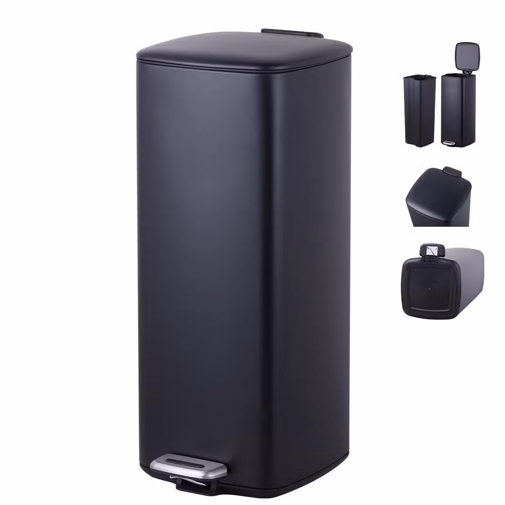 5L 30L Hotel Room Matt Black Square Dustbin Garbage Trash Can with Step Foot Square Waste Bin