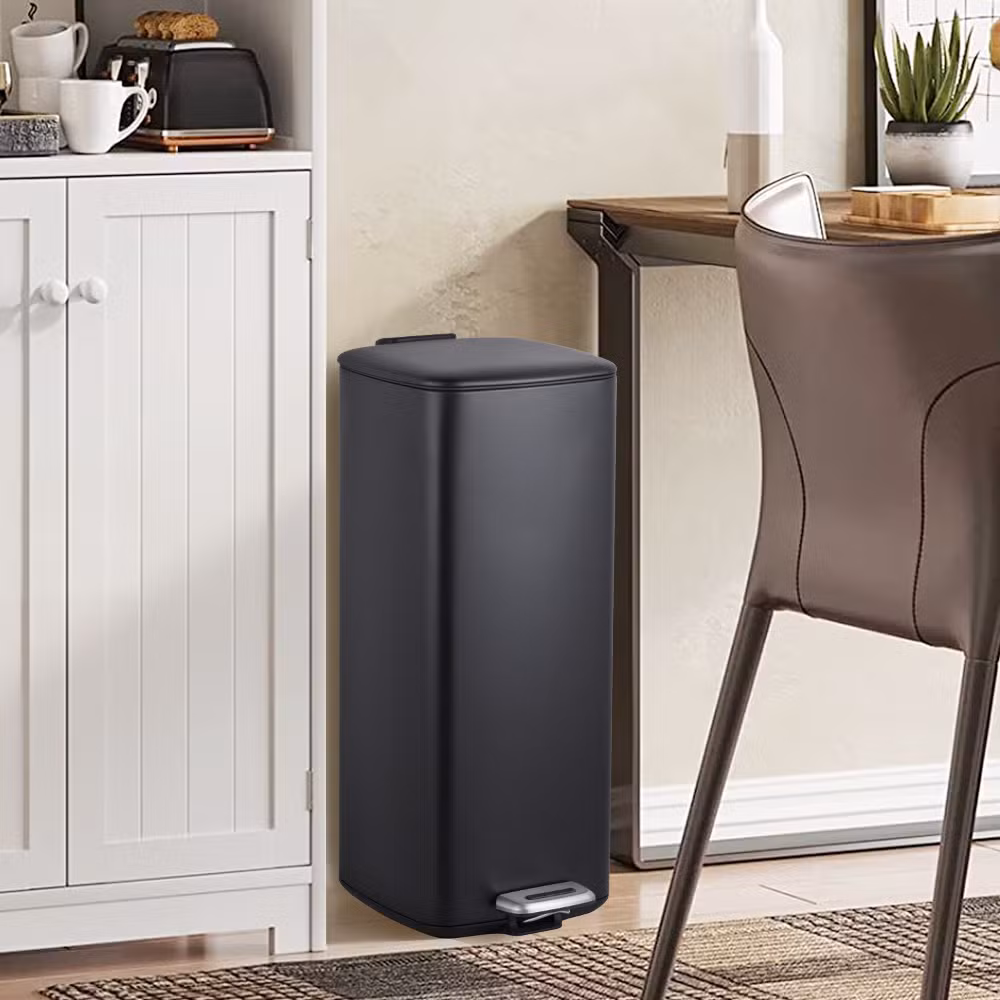 5L 30L Hotel Room Matt Black Square Dustbin Garbage Trash Can with Step Foot Square Waste Bin