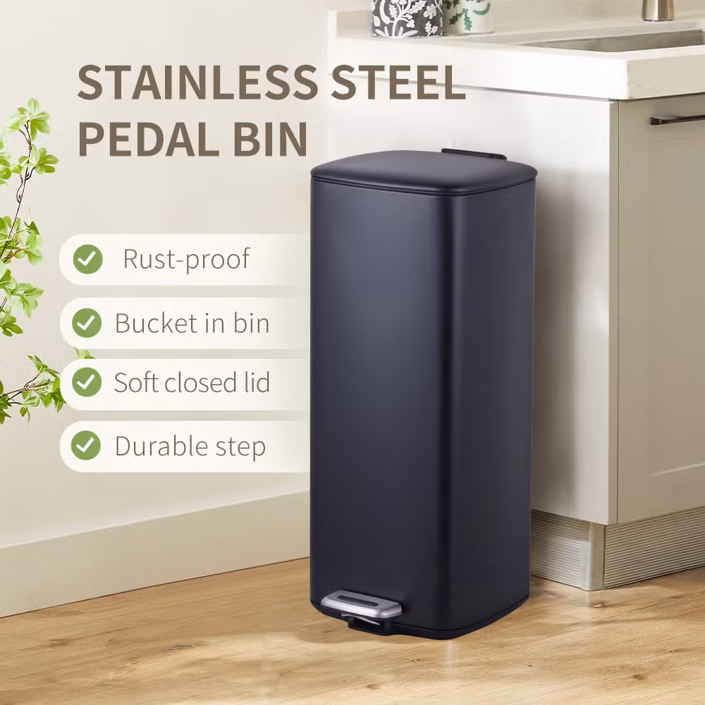 5L 30L Hotel Room Matt Black Square Dustbin Garbage Trash Can with Step Foot Square Waste Bin