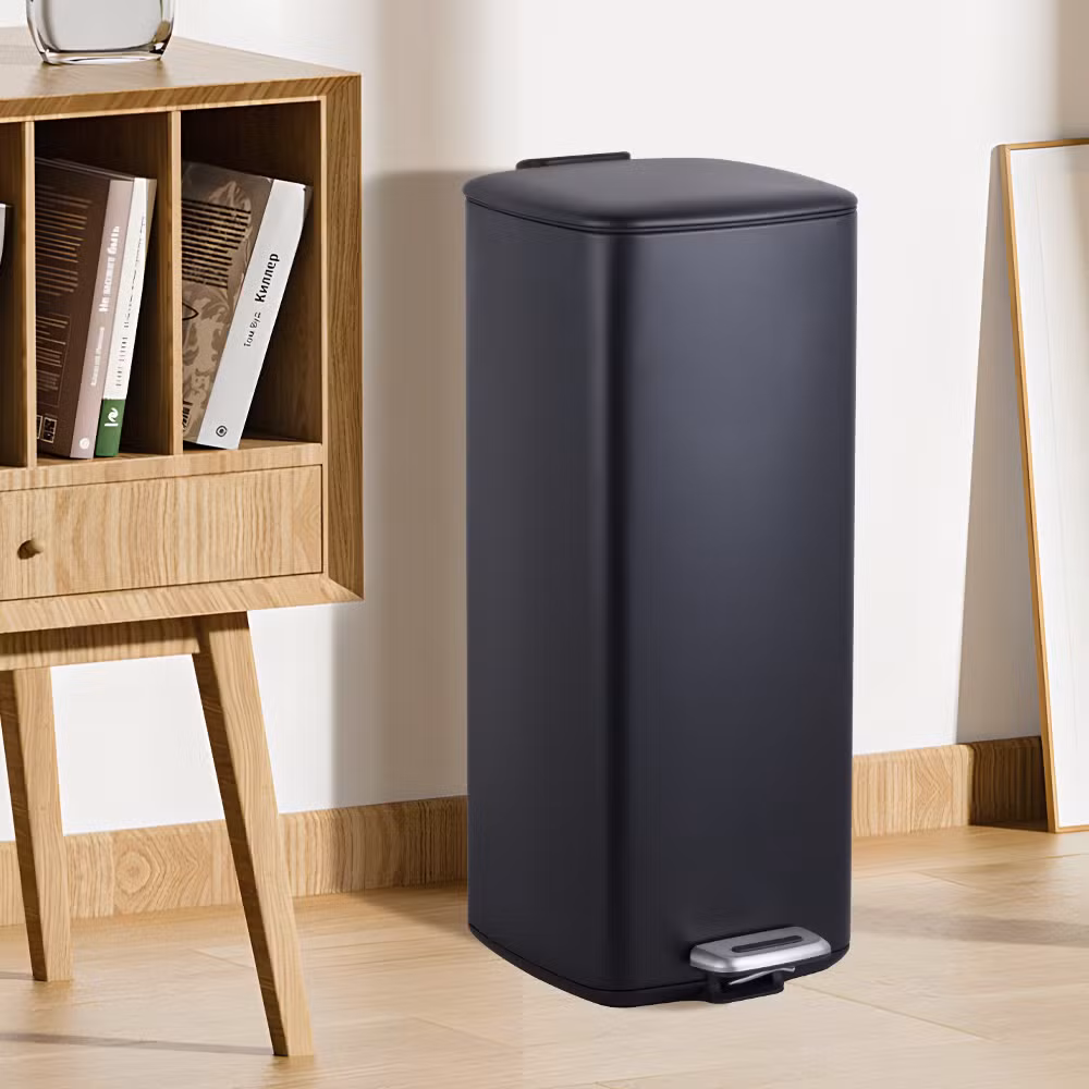 5L 30L Hotel Room Matt Black Square Dustbin Garbage Trash Can with Step Foot Square Waste Bin