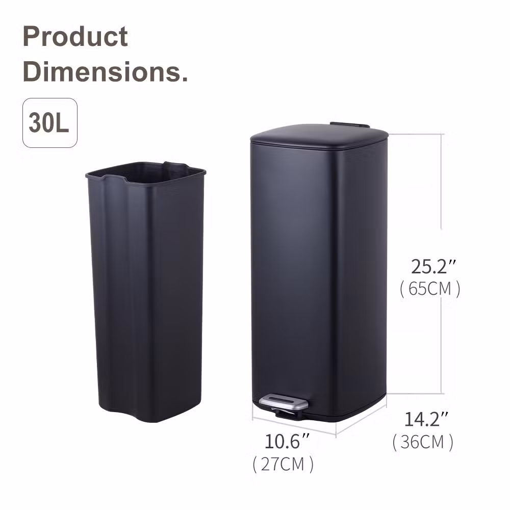 5L 30L Hotel Room Matt Black Square Dustbin Garbage Trash Can with Step Foot Square Waste Bin