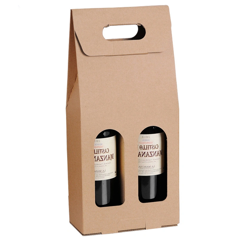 Recycled Custom High Quality Portable Kraft Paper Gift Paper Box Red Wine Champagne Bottle Storage Box with Handle