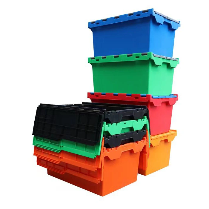 Hot Sale 68L Customized Color Virgin PP Supermarket Storage Lockable Nestable Stackable Logistic Turnover Attached Lid Moving Plastic Tote Box with Hinged Lid