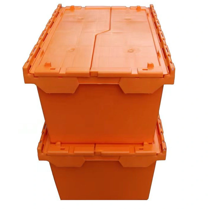 Hot Sale 68L Customized Color Virgin PP Supermarket Storage Lockable Nestable Stackable Logistic Turnover Attached Lid Moving Plastic Tote Box with Hinged Lid