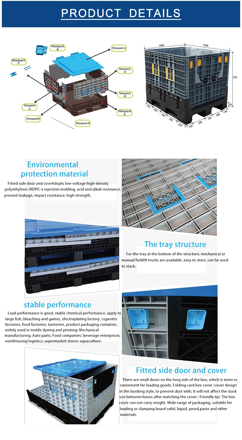 Durable Industrial Use Plastic Pallet Boxes Plastic Foldable Bins Collapsible Bulk Box with Lid