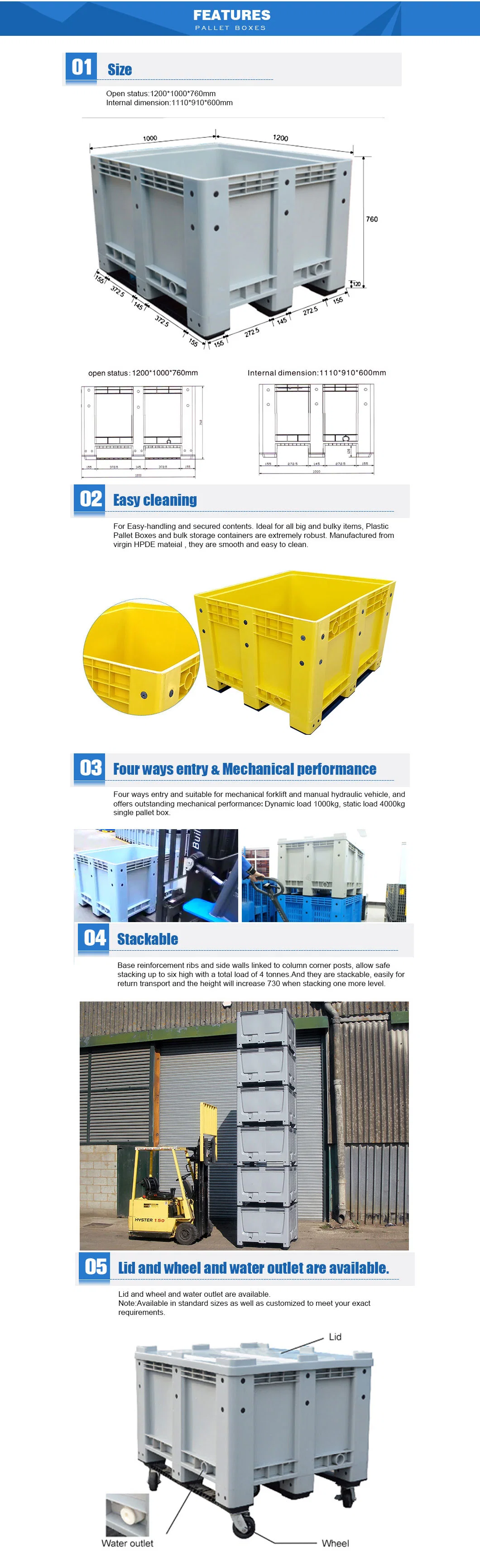 116 X 116 X 79 Cm Storage Stackable HDPE Wheels Plastic Pallet Bulk Container Boxes for Garment/Automotive/Textile/Logisitcs