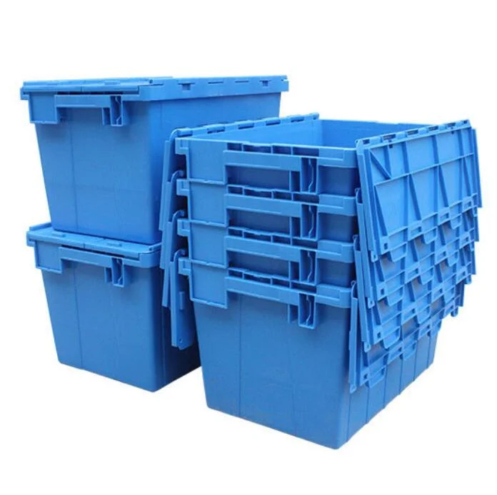 Cheap High Quality Nestable and Stackable Turnover Logistic Hinged Plastic Moving Attched Lid Tote Boxes Plastic Box