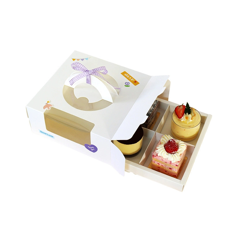 New Design Transparent Window White Cardboard Paper Drawer Type Dessert Packaging Boxes Customized Cup Cake Box