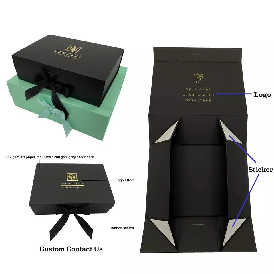 Custom Black Paper Box Large Luxury Gift Box Shredded Paper Filled Folding Box with Magnetic Lid Ribbon