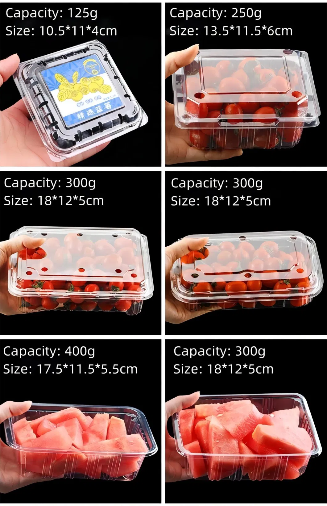 Breathable and Ventilated Transparent PET Blister Plastic Hinged Clamshell Box for Fruit, Strawberry, Blueberry, Tomato, Salad, Cake Packing