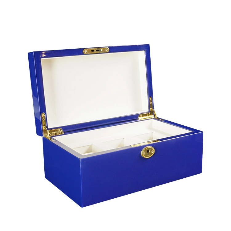 Glossy Blue Silk Painted Wooden Box with Golden Hinge and Lock