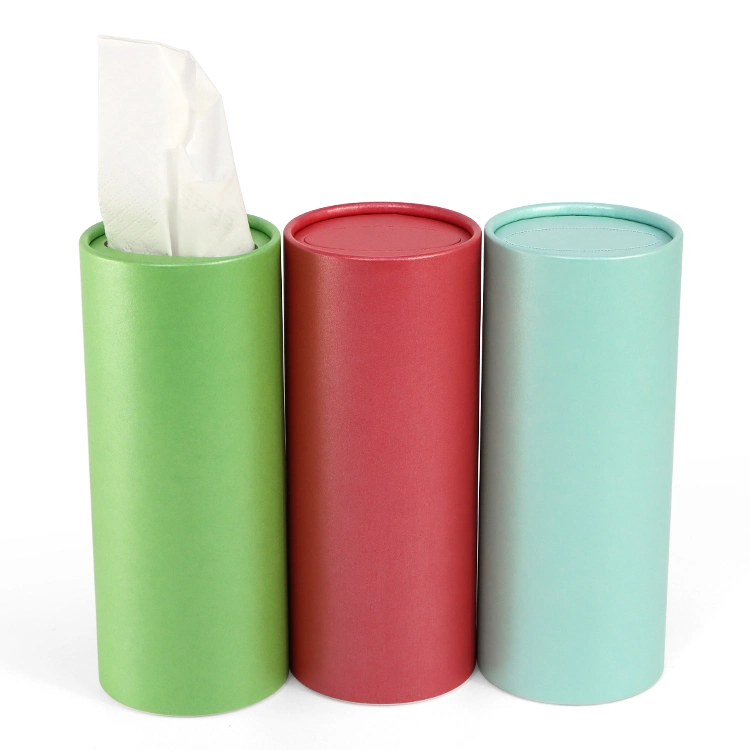 Firstsail Low MOQ Eco Friendly Car Tissue Cylinder Paper Tube Face Towel Green Round Packaging Box with Easy Tear Lid