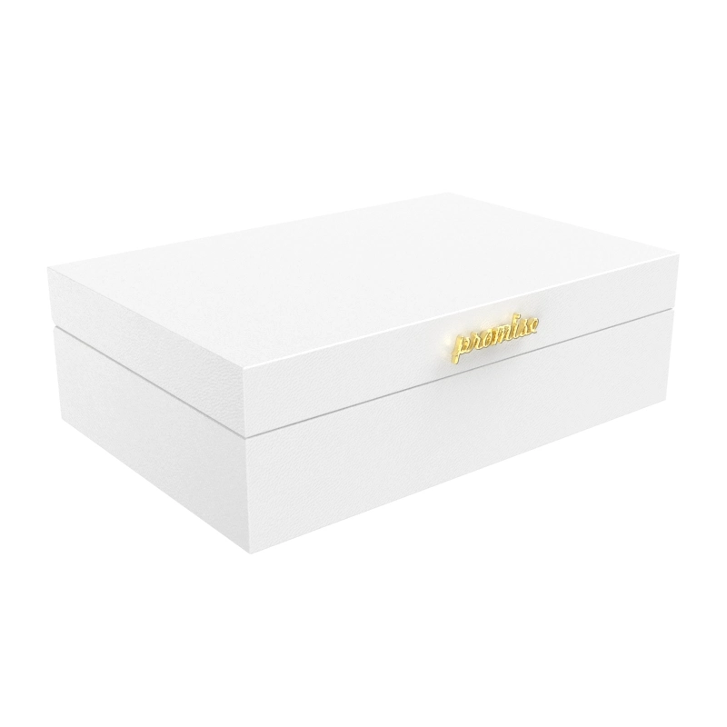 Golden Promise Logo Latch White PU Leather Wrapped Wooden Box for Jewelry