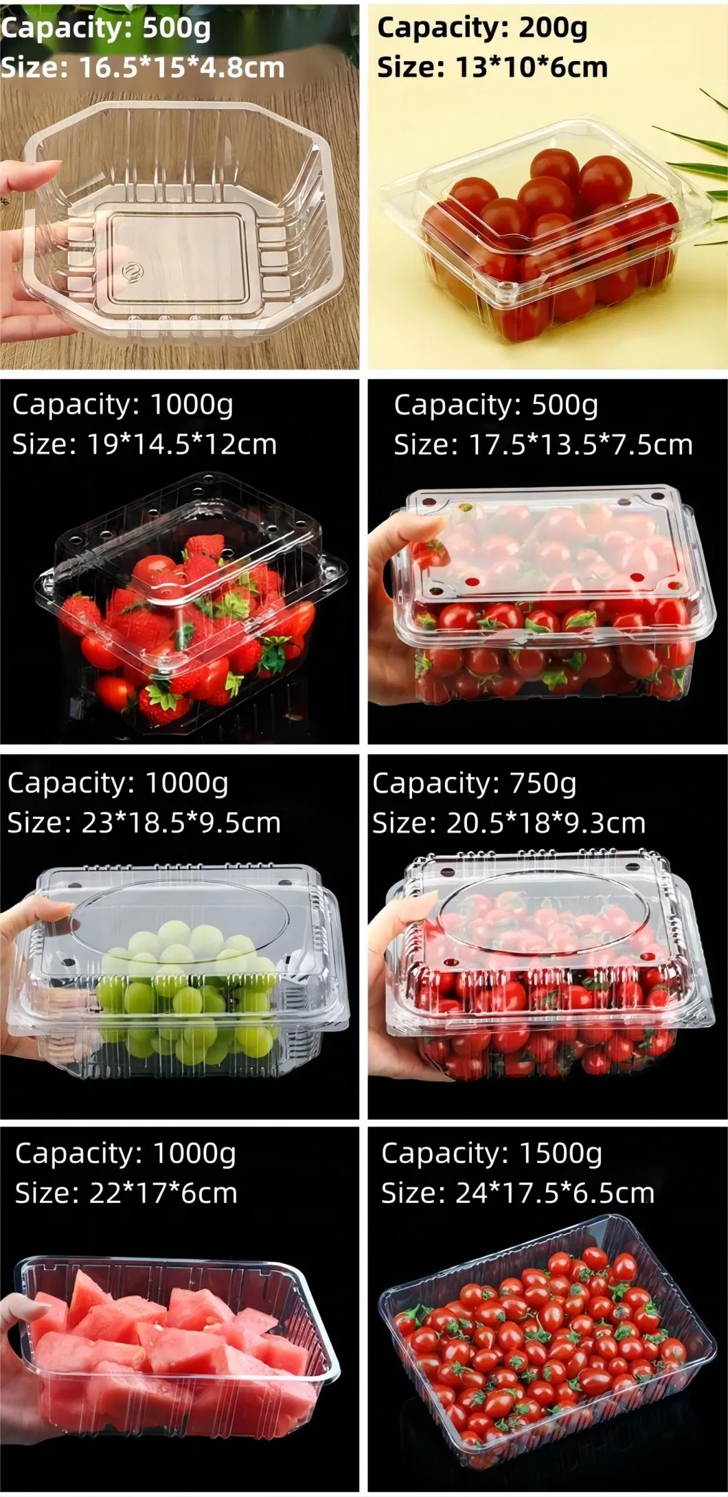 Breathable and Ventilated Transparent PET Blister Plastic Hinged Clamshell Box for Fruit, Strawberry, Blueberry, Tomato, Salad, Cake Packing