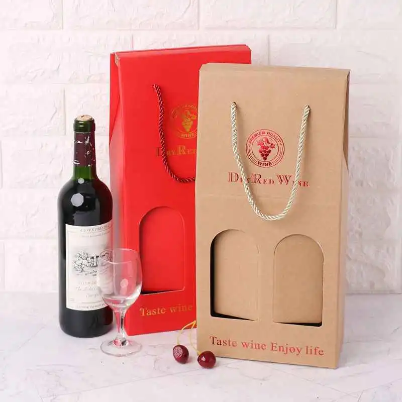 Window Opening Corrugated Kraft Paper Cardboard Single Bottle Wine Gift Box with Handle