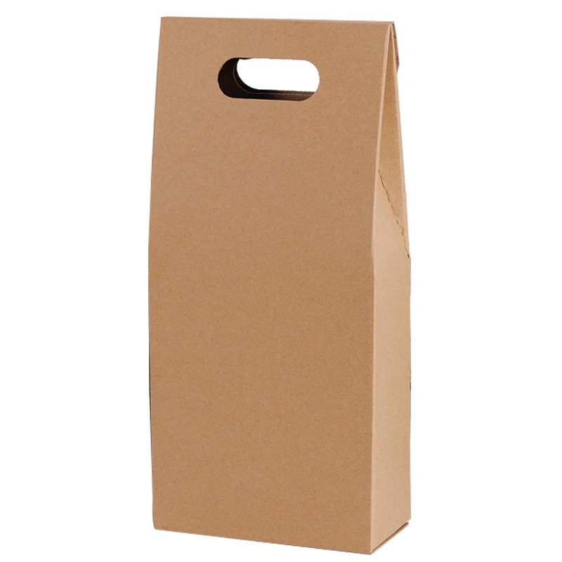 Recycled Custom High Quality Portable Kraft Paper Gift Paper Box Red Wine Champagne Bottle Storage Box with Handle