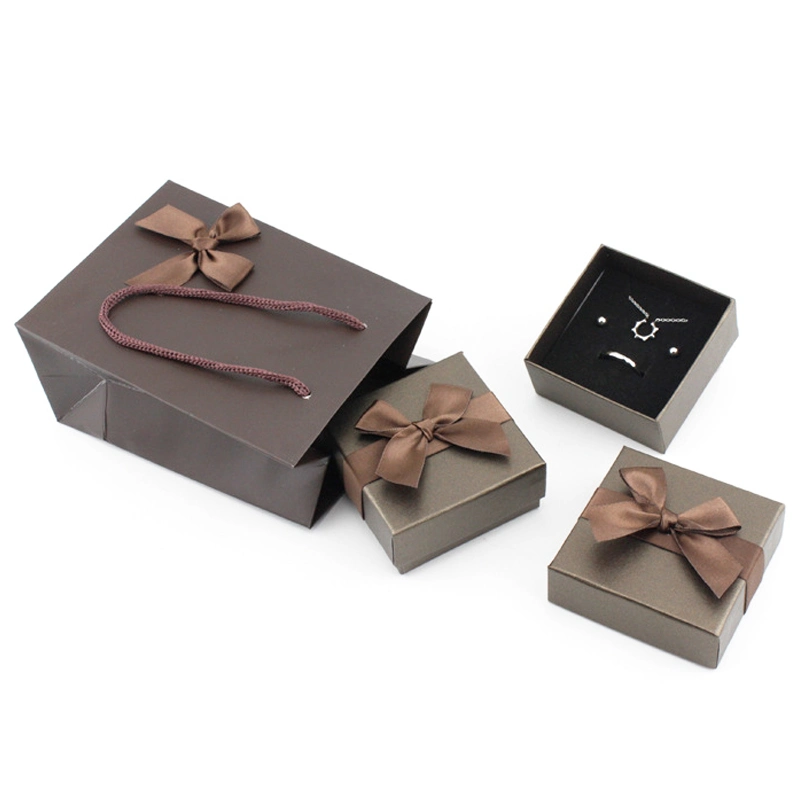 Luxury Custom Cardboard Bow Ribbon Jewelry Gift Set Necklace Pendant Ring Earring Bracelet Paper Packaging Gift Box with Gift Bag