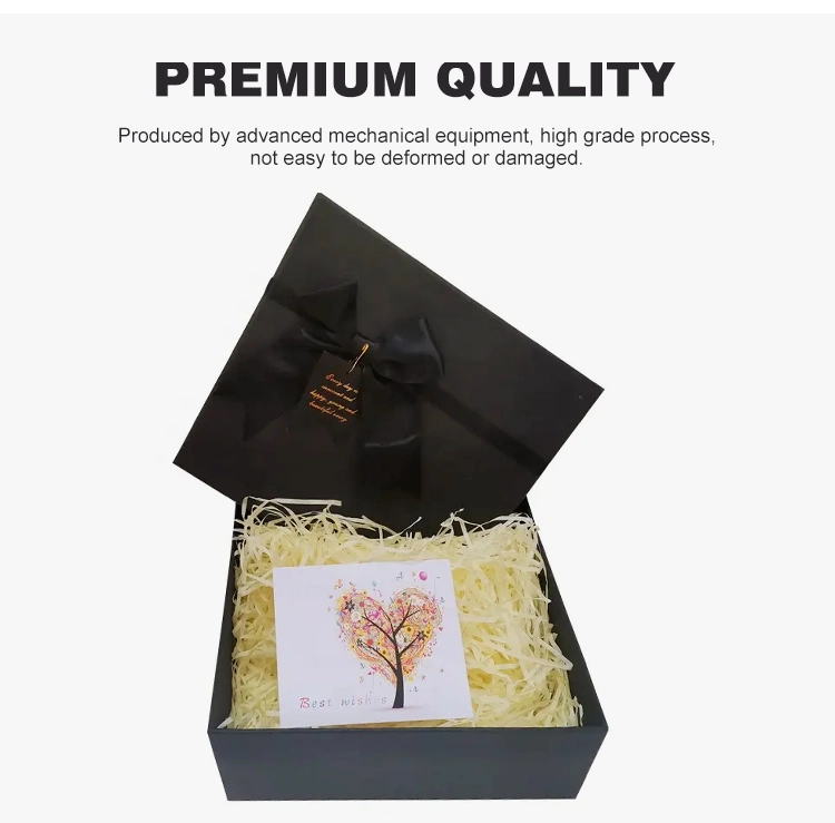 Custom Printing Luxury Shredded Paper Filler Gift Box Hard Cardboard Packaging Box with Lid and Ribbon