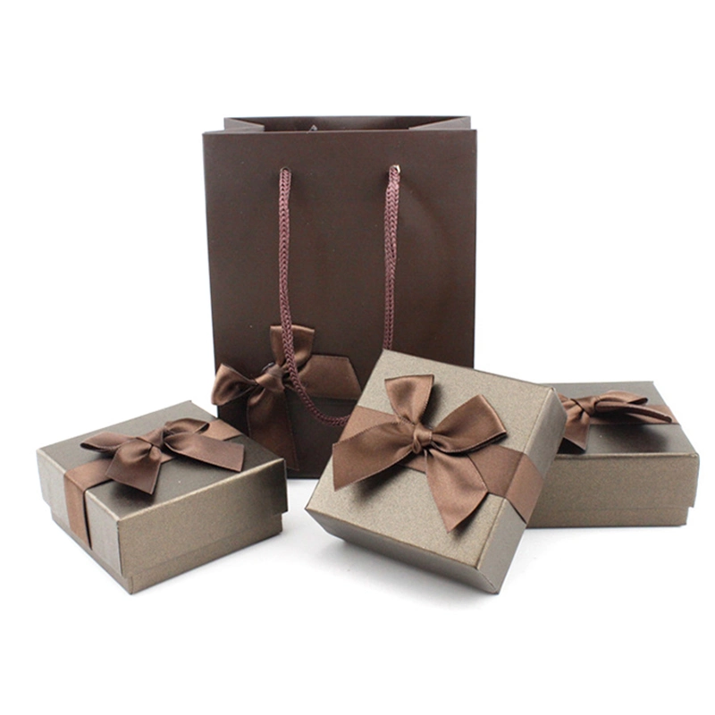 Luxury Custom Cardboard Bow Ribbon Jewelry Gift Set Necklace Pendant Ring Earring Bracelet Paper Packaging Gift Box with Gift Bag