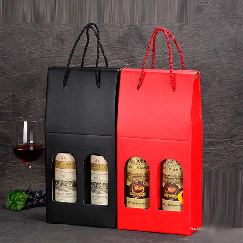 Window Opening Corrugated Kraft Paper Cardboard Single Bottle Wine Gift Box with Handle