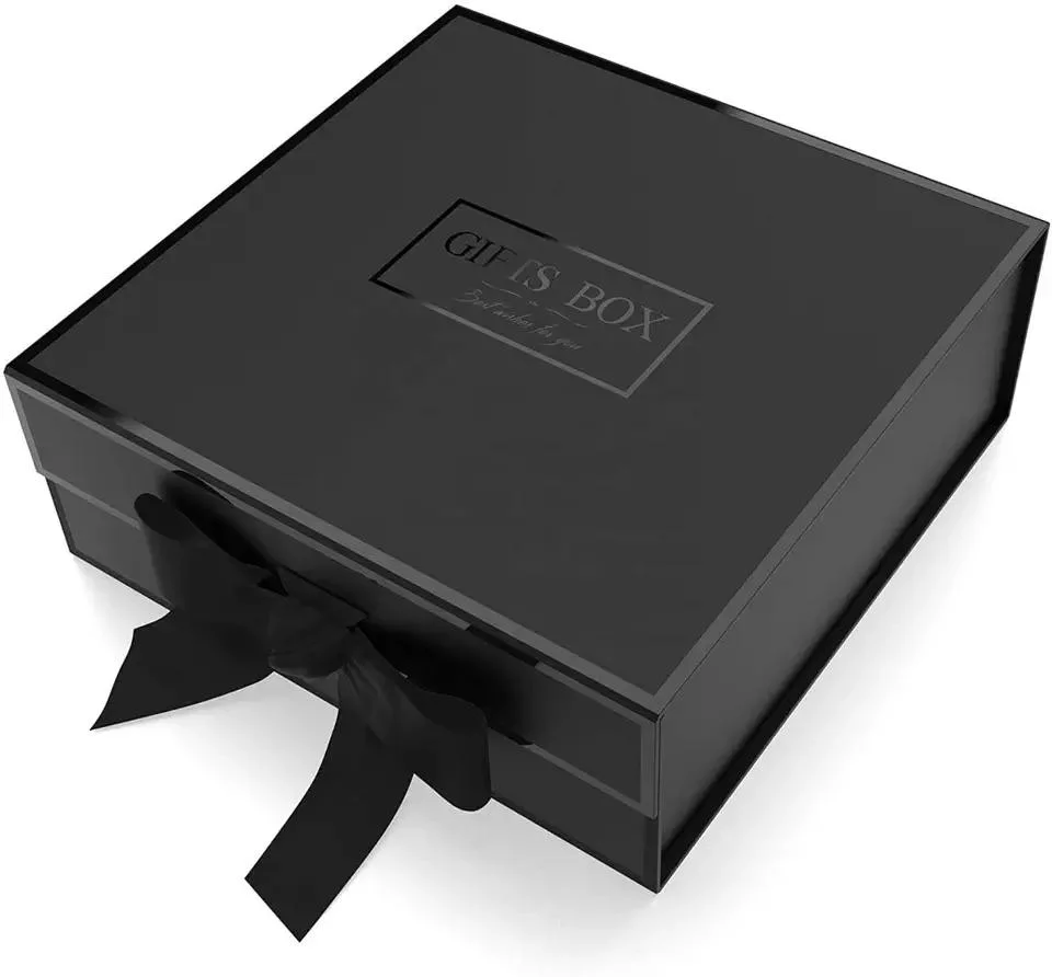 Custom Black Paper Box Large Luxury Gift Box Shredded Paper Filled Folding Box with Magnetic Lid Ribbon