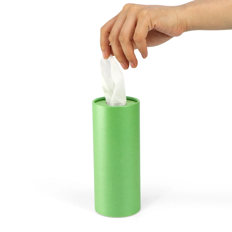 Firstsail Low MOQ Eco Friendly Car Tissue Cylinder Paper Tube Face Towel Green Round Packaging Box with Easy Tear Lid