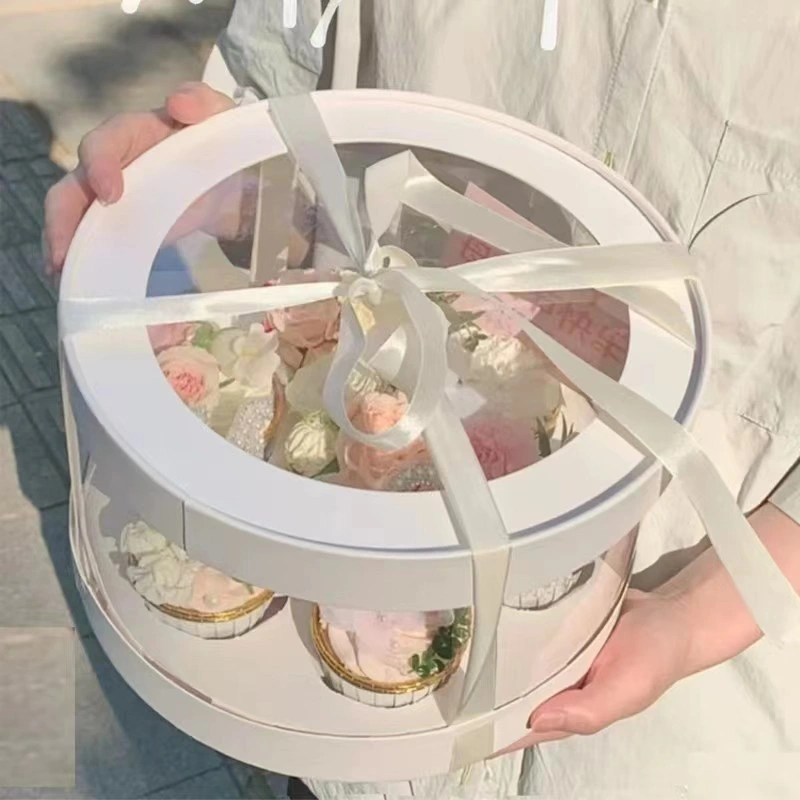 Round Birthday Cake Box Single/Double Layer Clear Cupcake Packaging Box Flower Dessert Gift Box