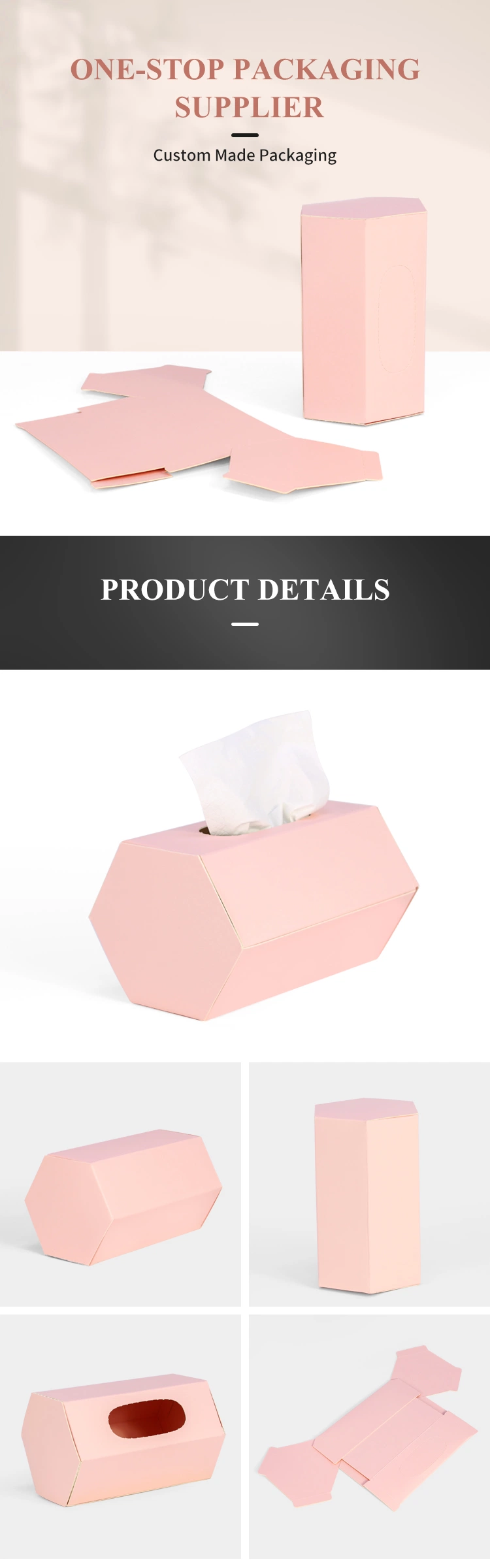 Firstsail Eco Friendly Custom Packaging Boxes Design Hexagon Shape Facial Tissue Disposable Car Napkin Towel Flat Foldable Paper Card Box