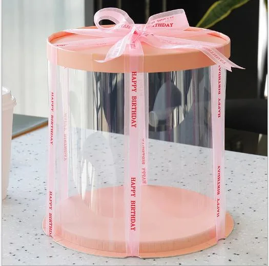 Spot Wholesale Custom Clear Baking Round Birthday Cake Shaped Printing Single Double-Layer Heightening Plastic Three-in-One Transparent Cylinder Packaging Box