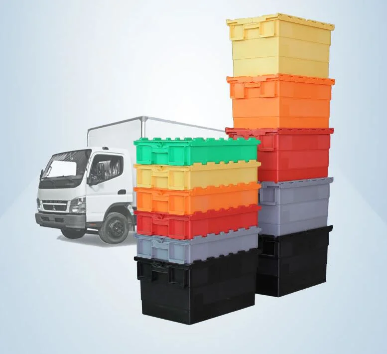 Cheap High Quality Nestable and Stackable Turnover Logistic Hinged Plastic Moving Attched Lid Tote Boxes Plastic Box