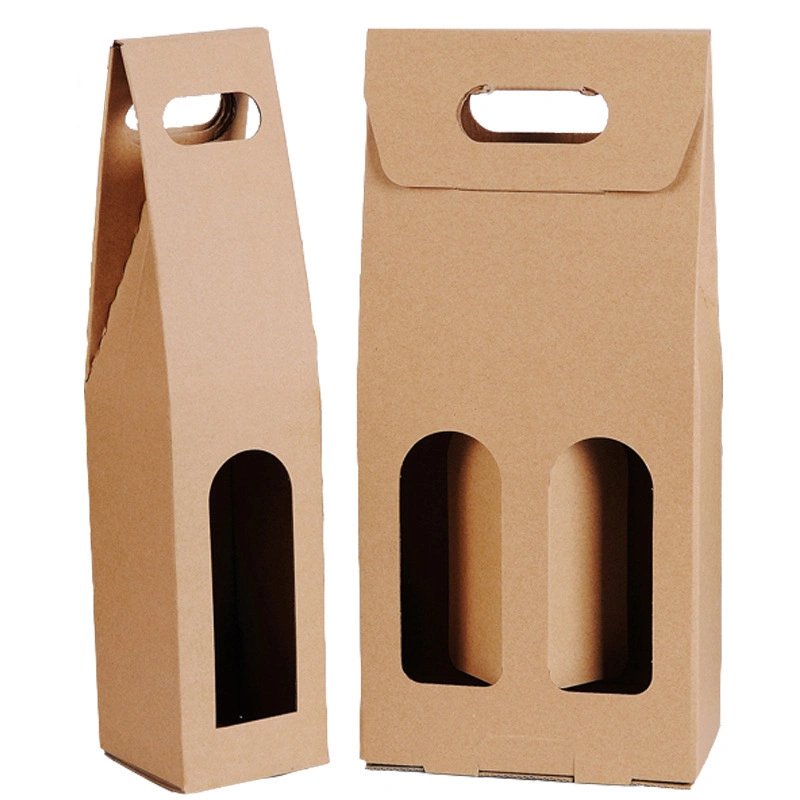 Recycled Custom High Quality Portable Kraft Paper Gift Paper Box Red Wine Champagne Bottle Storage Box with Handle