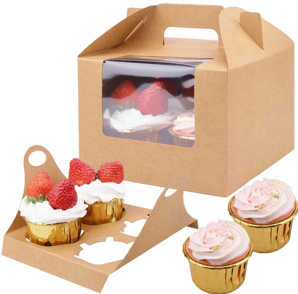 2024 T Shape Recyclable Brown Kraft Color Paper Cake Box Bakery Packaging with Handle