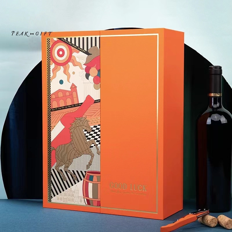 Customized Packaging Box with Your Own Logo Red White Wine Gift Carrier Box for 2 Pack