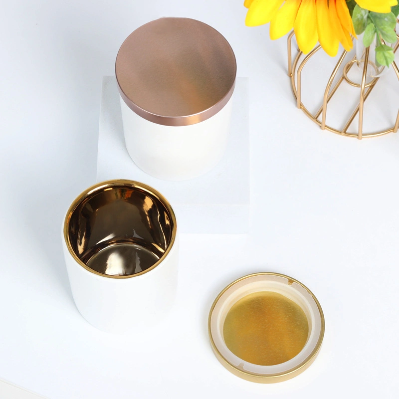 Wholesale Empty 210ml Ceramic Electroplated Rose Gold Nordic Cylindrical Glaze Ceramic Incense Candle Jar with Gold Lid