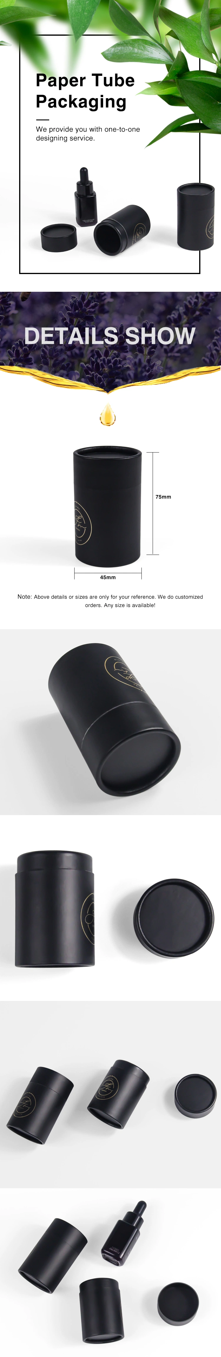 Firstsail Wholesale Customized Small Candle Black Paper Tube Cylinder Packaging Box for Essential Oil Perfume Cosmetic Makeup Lotion