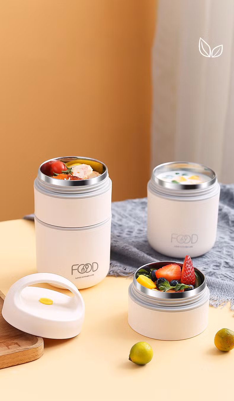 Double Layer Stainless Steel Lunch Box with Spoon Thermally Insulated Porridge and Soup Breakfast Cup for Kids