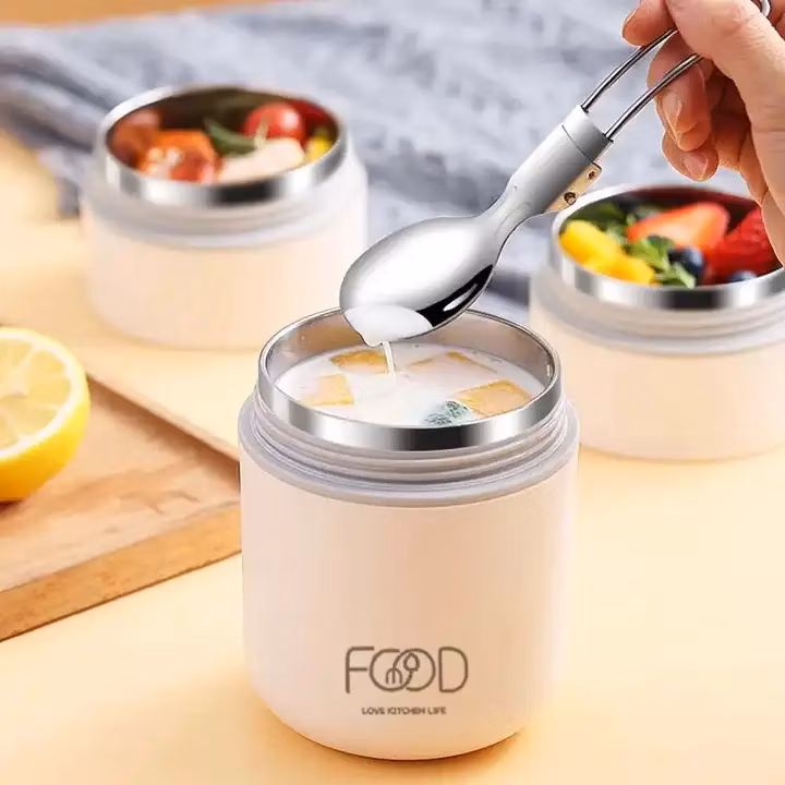 Double Layer Stainless Steel Lunch Box with Spoon Thermally Insulated Porridge and Soup Breakfast Cup for Kids