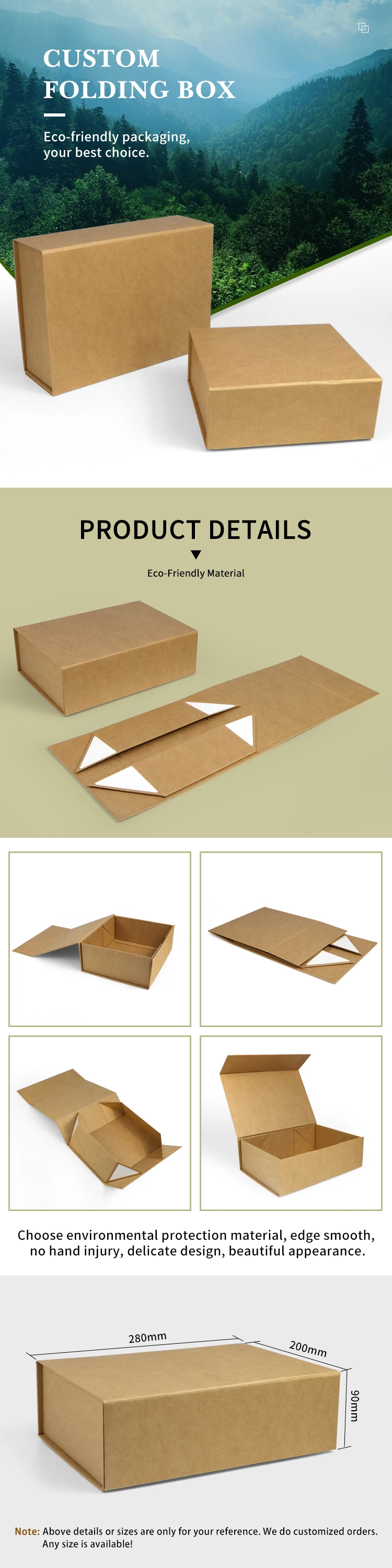 Firstsail Customized Rigid Brown Cardboard Fold Corrugated Paper Gift Box Packaging Luxury Magnetic Folding Carton Packing for Wig Cloths Handbag
