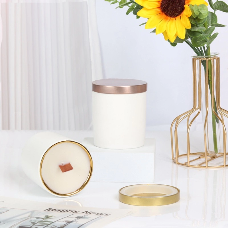 Wholesale Empty 210ml Ceramic Electroplated Rose Gold Nordic Cylindrical Glaze Ceramic Incense Candle Jar with Gold Lid