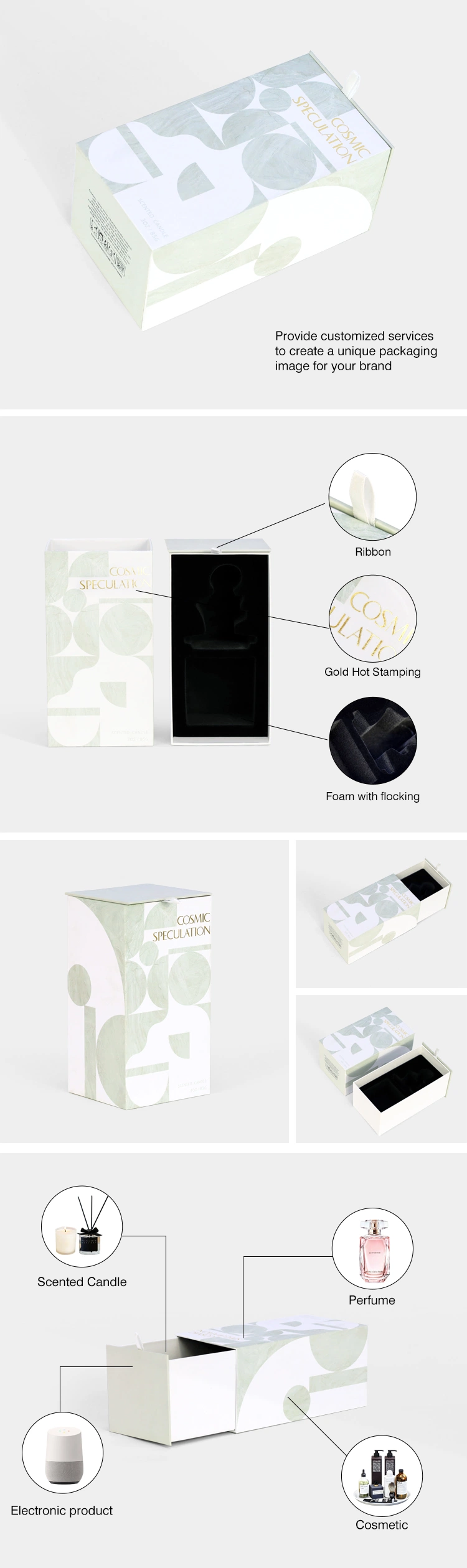 Custom Logo and Size Drawer Box with Cardboard Art Paper Slide Style Foam Insert for Cosmetic Wallet Belt Watch Gift Packaging