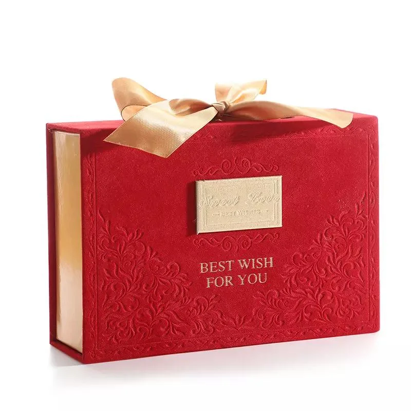 Retro Luxury Invitation Wedding Gift Box Best Wishes for You Velvet Bowknot Book Style Box with Silk Ribbon