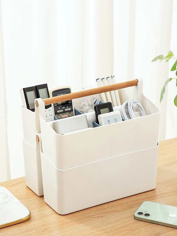 Multi-Functional Storage Box Stackable Portable Desktop Office Stationary Storage Box Cosmetic Organizer Box with Wooden Handle