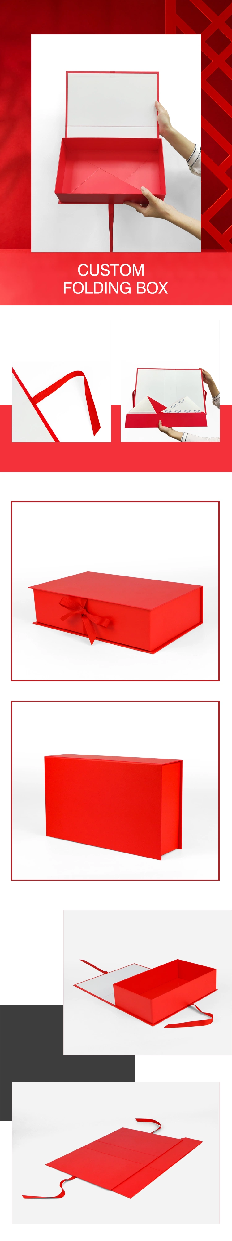 Firstsail High Quality Red Carton Foldable Gift Packaging Cosmetic T Shirt Perfume Wig Jewelry Flower Folding Wine Paper Box with Ribbon