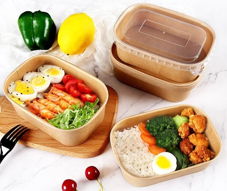 Disposable Eco-Friendly Rectangle Kraft Paper Bowl Lunch Box with Lid