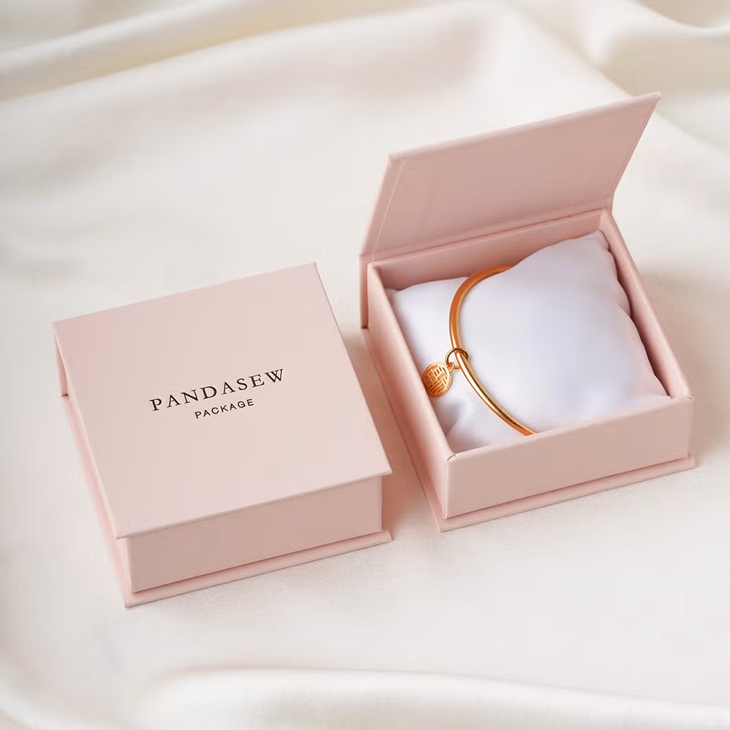 Pandasew Bulk Custom Logo Printed Pink 8X8X3.5cm Book-Style Magnetic Clasp Jewelry Boxes with Flip Lids Sponge Inside