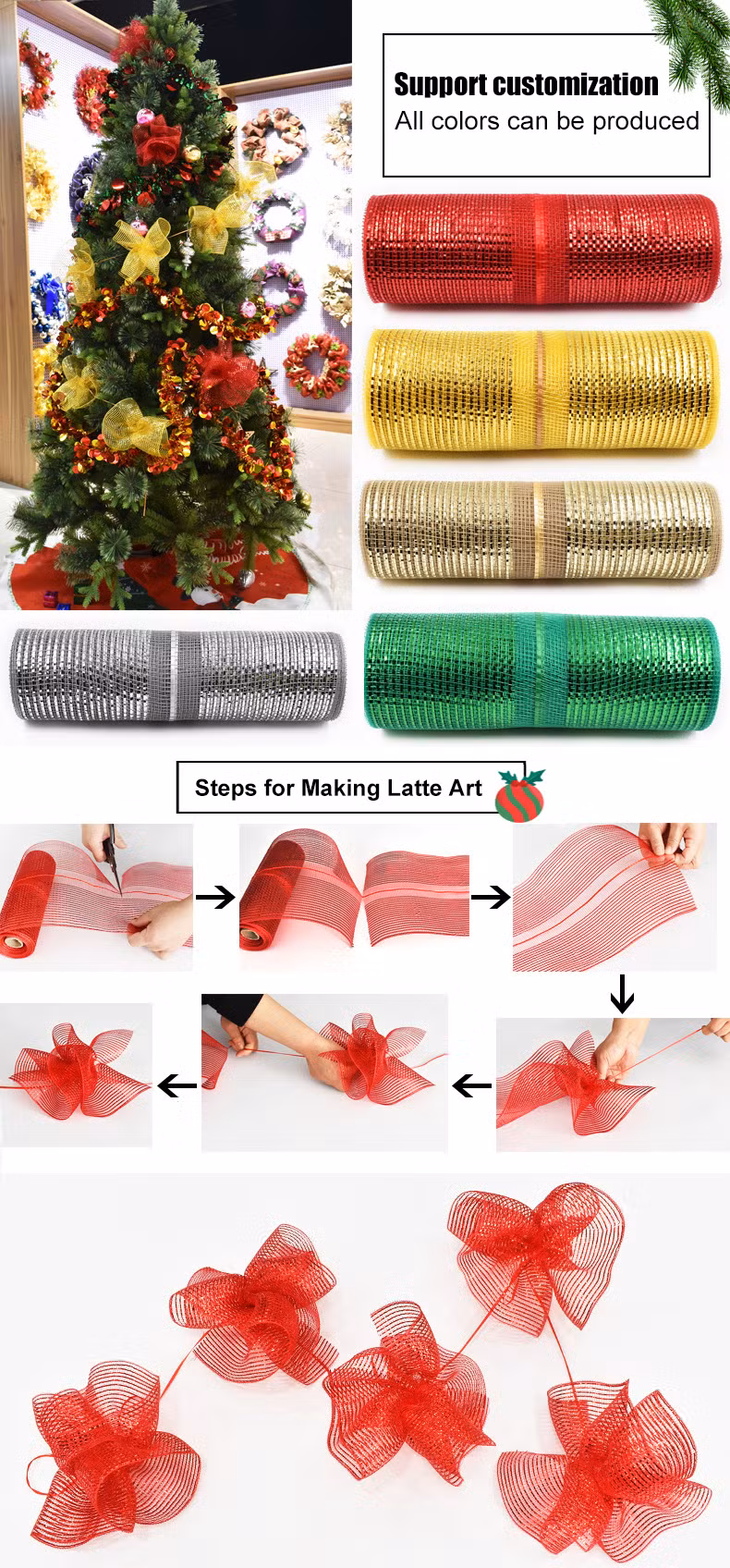 Factory Wholesale Price Holiday Halloween Christmas Decorative Metallic Poly Mesh Ribbon for Wreaths, Swags and Decorating