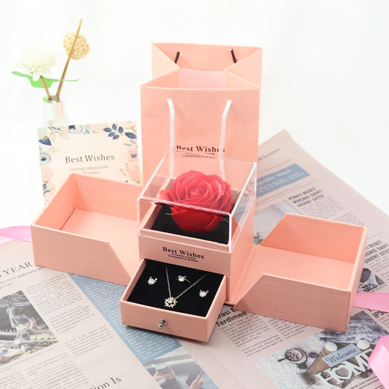 China Wholesale Two Layers Jewelry Flower Drawer Box with Custom Logo Printing, Rose Box Soap Gift Luxury Packaging Gift Box Bracelet Necklace Box