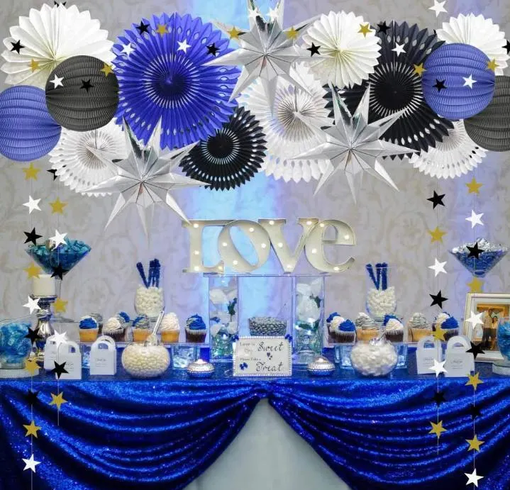 Hkh Graduation Wedding Anniversary Birthday Backdrop Decoration Tissue Black Blue Paper Star Paper Fan Garland