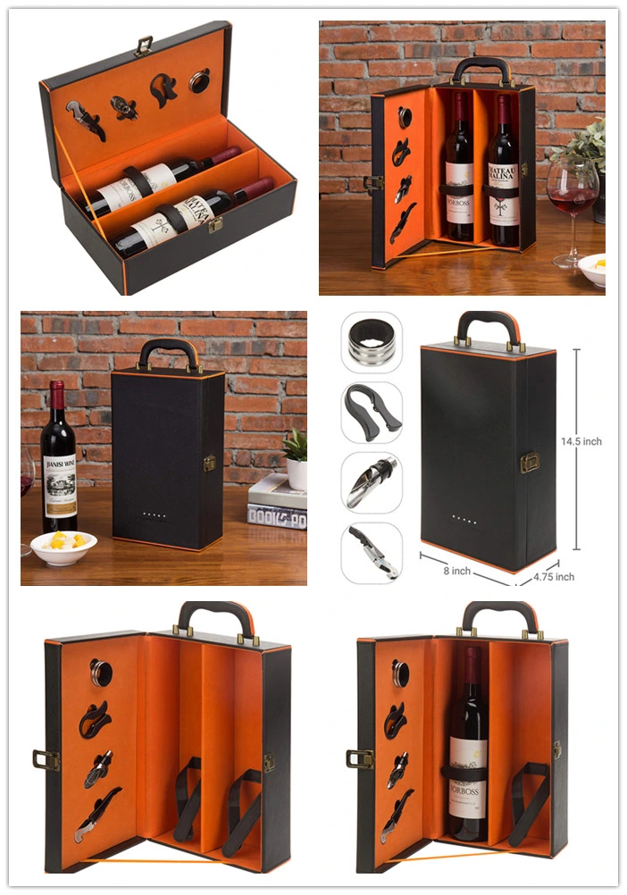 Custom Logo Printing 2 Bottles Luxury Leather Wine Packaging Box with Accessories