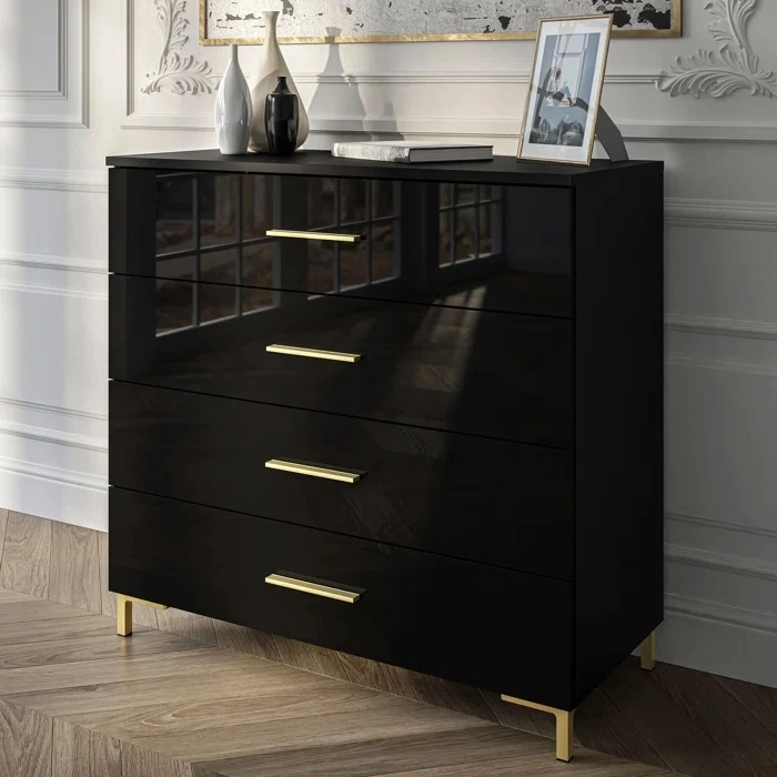 Modern Furniture 4 Drawer Filing Black MDF Wood Gold Handle Bedroom Living Room Storage Cabinets